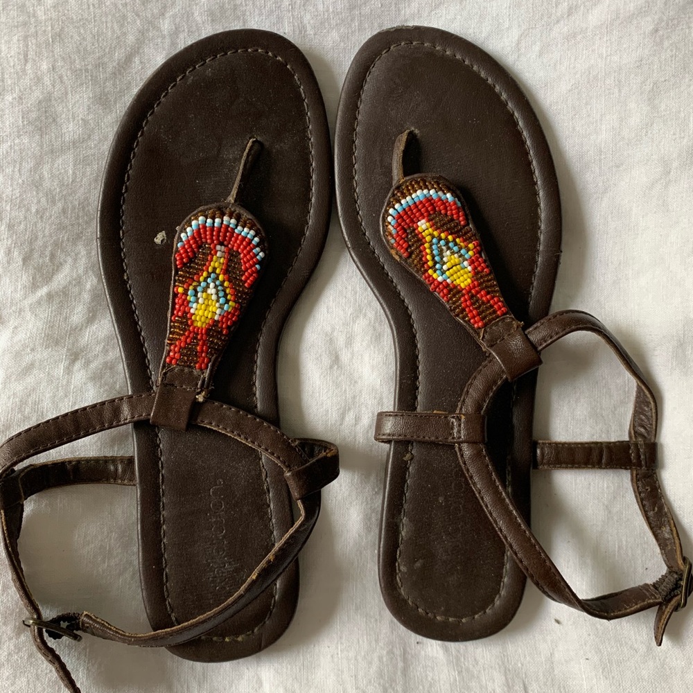 Brown beaded sandals, size 6